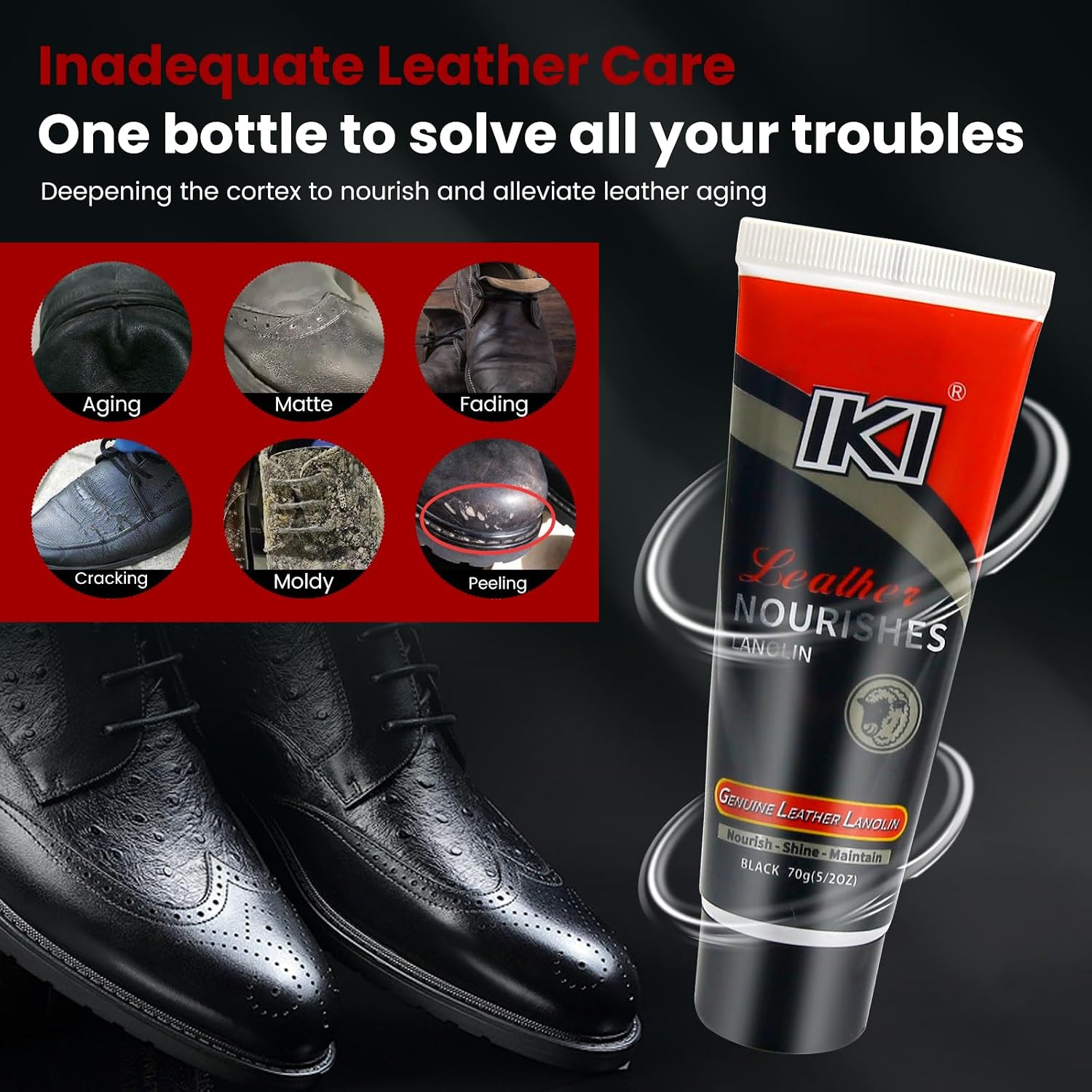 IKI Black Shoe Polish for Leather Care - 2.46 oz Shoe Cream with lanolin for Nourish, Polish and Protect Shoes, Bags, Furniture