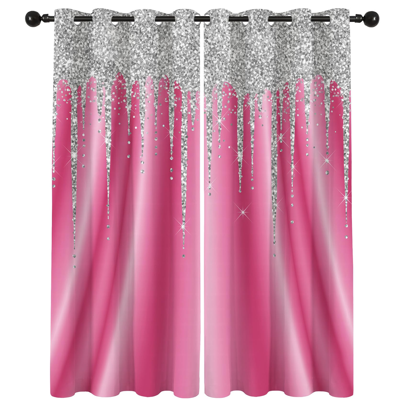 Glitzer Rosa Vorhänge Wohnzimmer Blickdichte Glamour Prinzessin Kinderzimmer Gardinen mit ösen Thermo Vorhang Gegen Kälte Verdunklungsvorhänge für Schlafzimmer 2er Set H 137 x B 117 cm