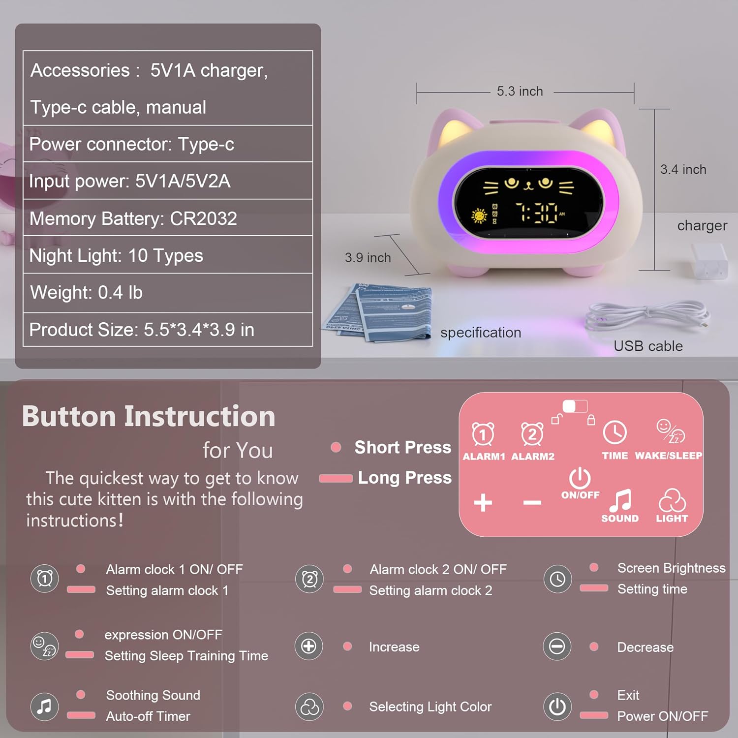 Alarm Clock for Kids, Kids Alarm Clocks for Girls with Sleep Training Dual Alarm Eye Protection Auto Off Timer 10 Color Night Light, Cat Ok to Wake Clock, Gifts for Kids Girls