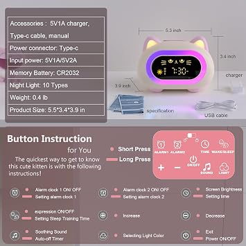 ANALOI Alarm Clock for Kids, Kids Alarm Clock Ok to Wake Cute Night Light for Bedroom, Toddlers Sleep Training, Cat Dinosaur Gift for Boys Girls Children
