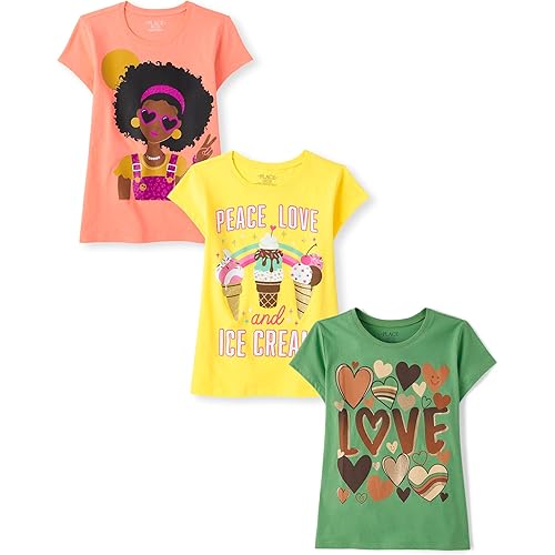 The Children's Place Girls' Kindness, Love, Equality Short Sleeve Graphic T-Shirts,multipacks