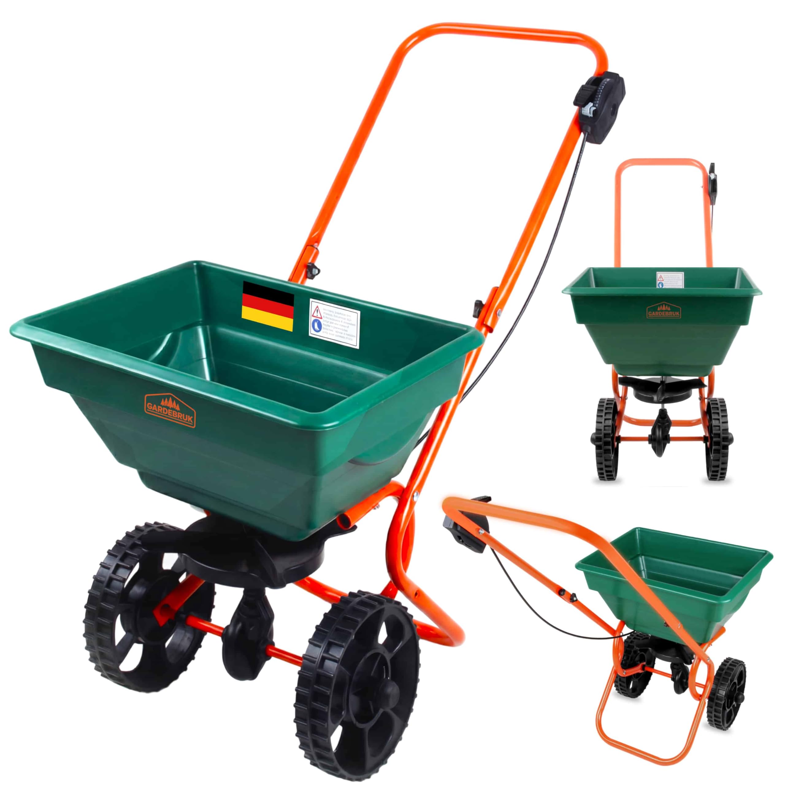 GARDEBRUK® Esparcidor 25L Capacidad Carga 25Kg Ruedas Grandes Ø20 Todoterreno Abonadora Manual Sembradora Césped Semillas Rápida Distribución Abono Sal