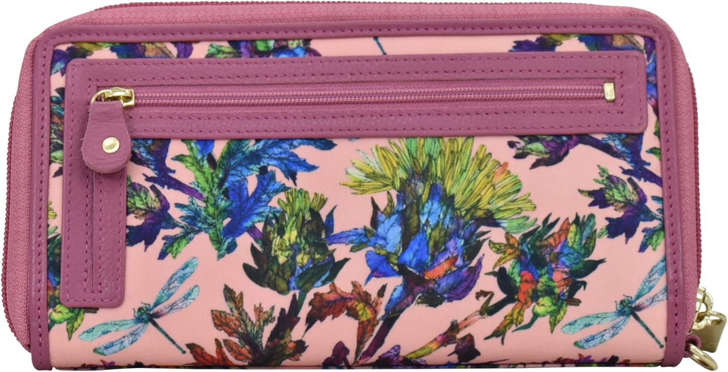 Anuschka RFID Blocking Wristlet Travel Wallet, Wanderlust Collection, Nylon Fabric, Genuine Leather Trim and Artwork Print