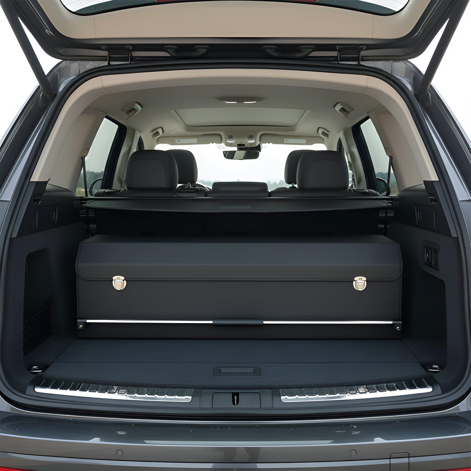 Organizador de Maletero con Tapa – Piel NAPPA Premium, Asa Deslizante Portátil & Caja de Almacenamiento Estable Universal para Coche y SUV (Negro, 103 x 29 x 31 cm)