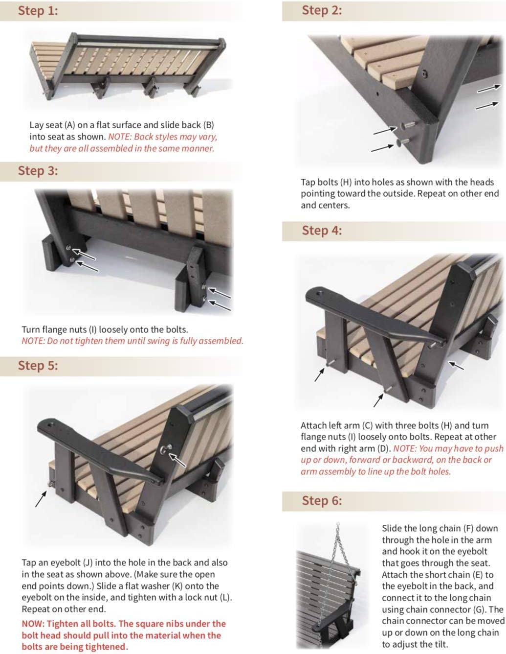 Poly Lumber Wood 5FT Porch Swing Amish Craftsmandship Made in USA HDPE with No wood fibers and 1000 lbs Limit. Stainless Steel Hardware.Signature Rollback design for Patio Outdoor Backyard Garden Park