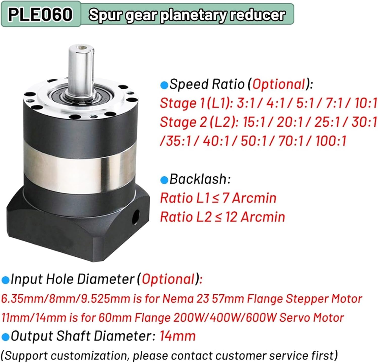 1pcs Nema 23 Planetary Reducer Motor Speed Reducer Step-Down Gearbox for 200W/400W/600W 60 Servo 57 Stepper Fit Textile Machines(Speed Ratio 5 to 1,PLF060 14mm Input)