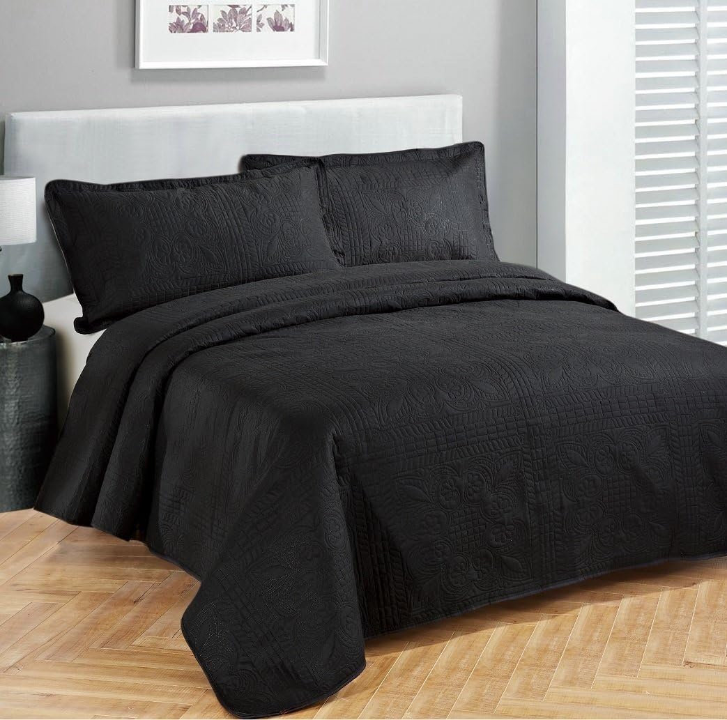 Fancy Collection Luxury Bedspread Coverlet Embossed Bed Cover Solid Black New Over Size 118"x106" King/California King