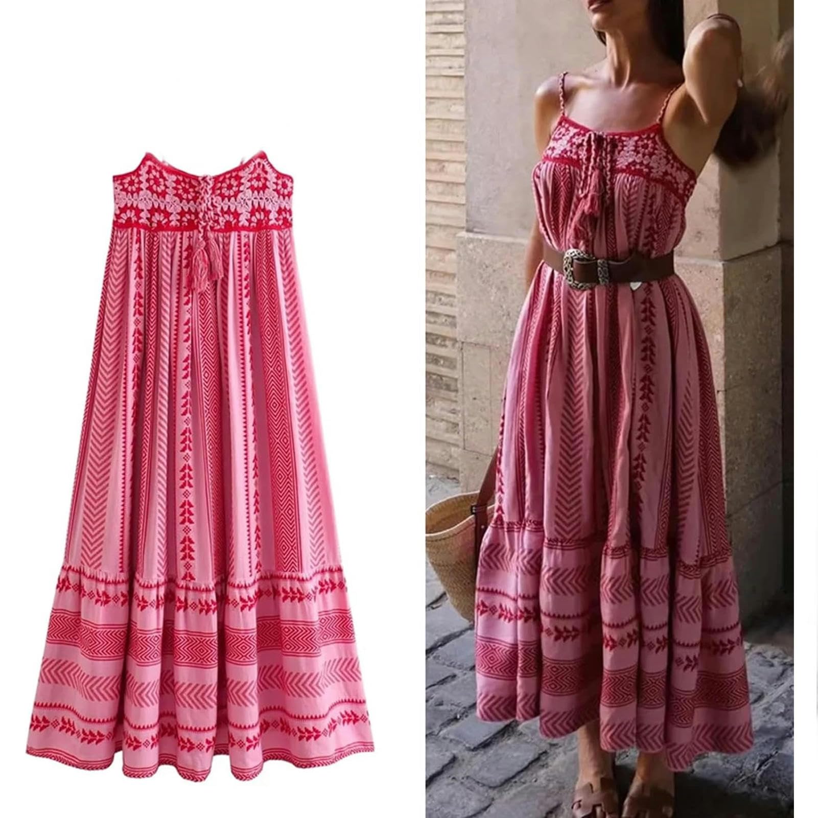 Gonna Lunga Abito con Cinturino A Maglia Vintage Bohémien per Lo Stile di Vacanza da Donna-Pink-s