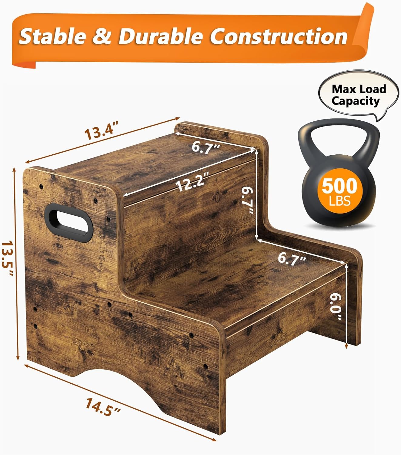 Wooden Step Stool for Kids, 2 Step Safety Kids Stepping Stool for Bathroom Kitchen Bedroom with 500 lbs Capacity, Toddler Step Stool Children's Foot Step Potty Stool, Rustic Brown