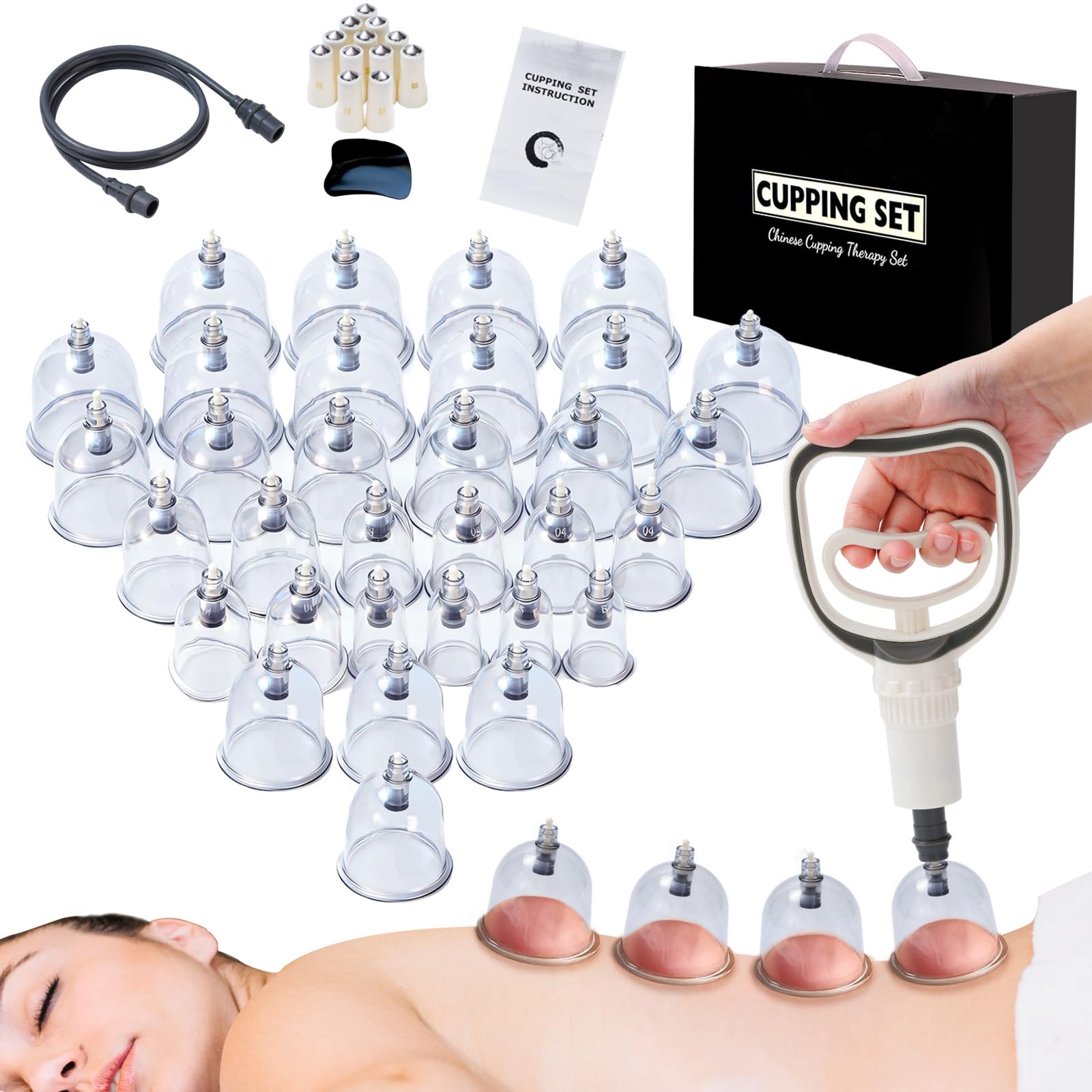 Schröpfgläser mit Vakuumpumpe, (32 Stück) Schröpfglas für Gesicht und Körper,Schröpfen set für Lymphdrainage，Muskelentspannung und gegen Cellulite，Schröpfset mit MINI-Akupressurpunkt und Gua Sha-Brett