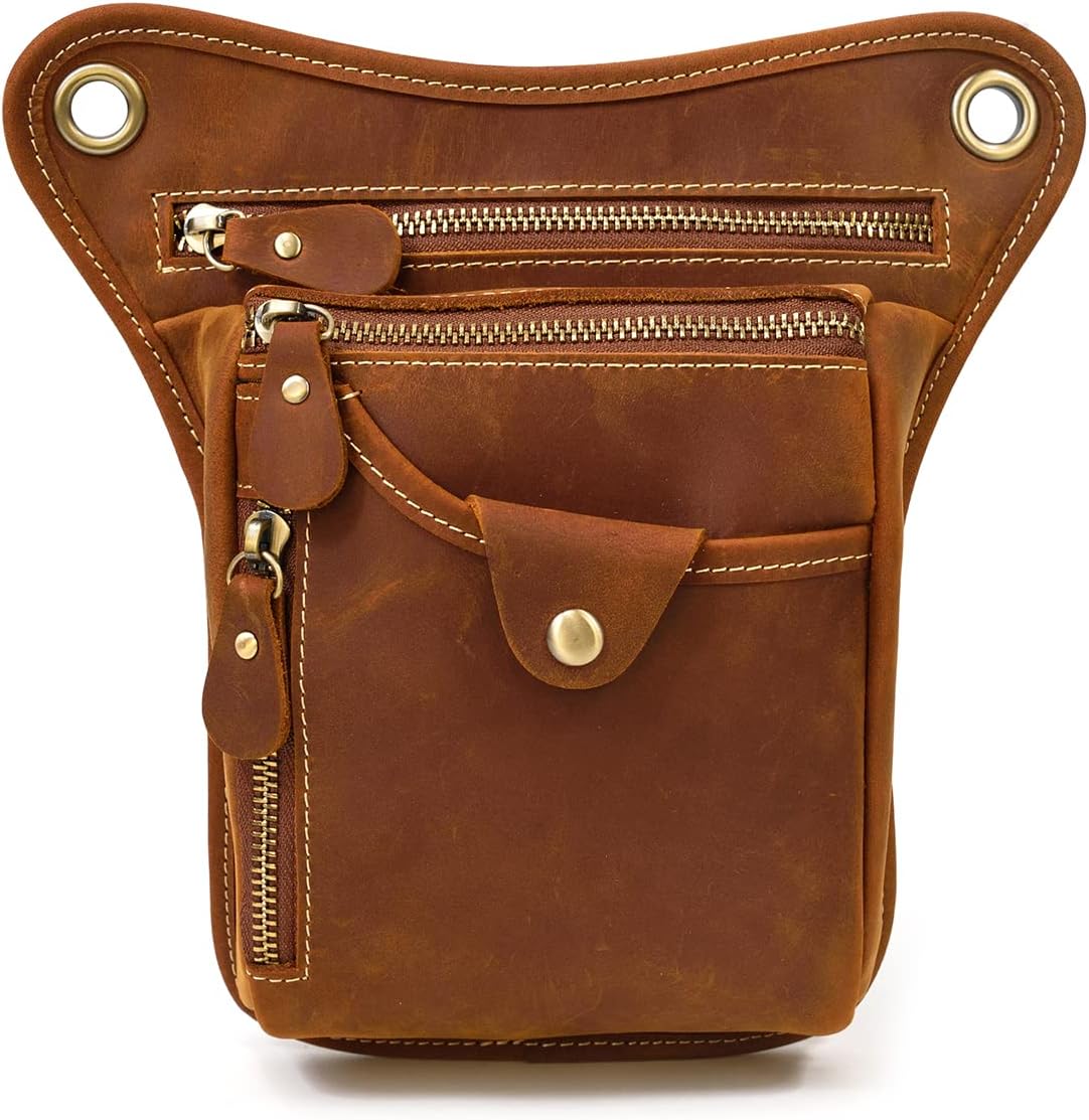 Mens Genuine Leather Outdoor Sporting Hicking Waist Hip Pack Bike Riding Cycling Multi-Purpose Messenger Shoulder Drop Leg Thigh Bag Pouches For Men, Brown