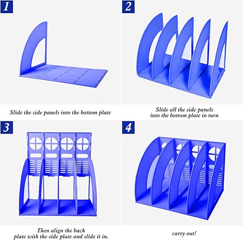 Miniatura 5 de SAYEEC Carpeta de almacenamiento para archivos, 4 compartimentos, organizador hueco de escritorio, marco de estante azul, marco de estante grueso