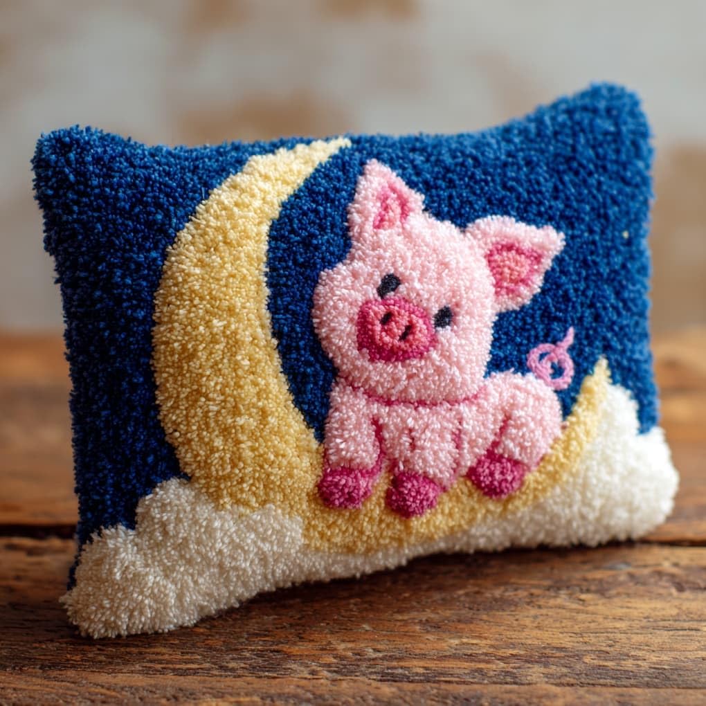 Henypt 43x43cm Latch Hook Pillow Kit,Pigs on the Moon Pre-Printed Canvas Cushion Cover Craft,Easy Latch Hook Embroidery Kit for All Skill Levels