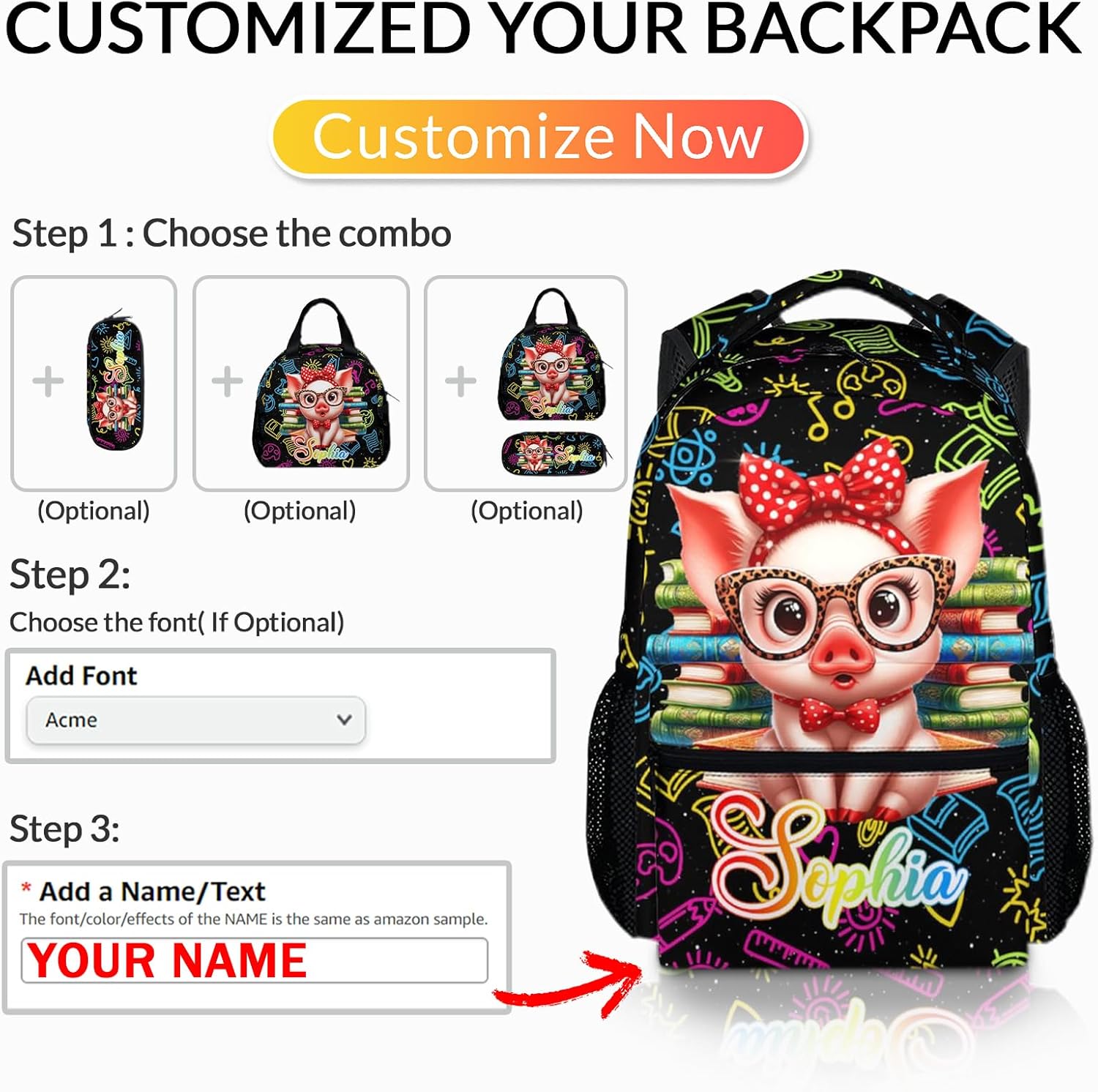 Girls Backpack for Kids Teens, Cute Pig Backpacks with Custom Name for School Toddler Kindergarten Elementary Primary Middle, 17 Inch Lightweight Personalized Student Bookbag for School Travel