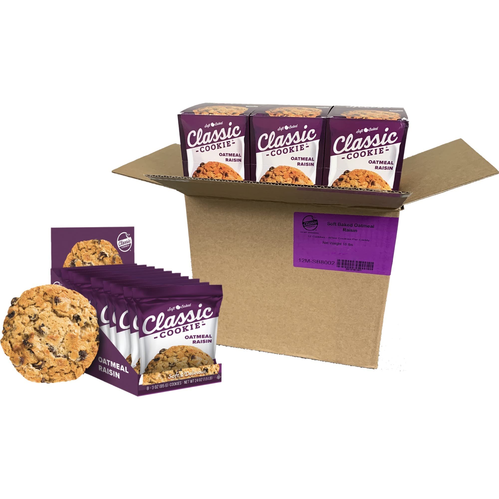 Classic COOKIESoft Baked Oatmeal Raisin Cookies, Full Case of 12 Boxes, 96 Individually Wrapped Cookies