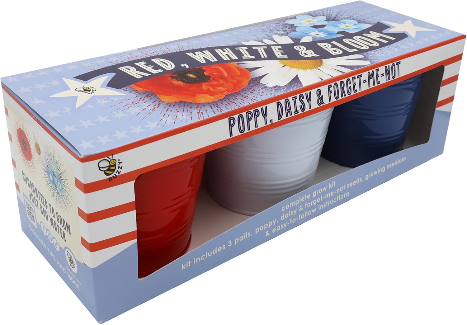 BUZZY Seeds Americana Grow Kit 3-Pack – Red White and Blue Pails with Daisies, Poppies & Forget-Me-Nots – Fun Patriotic Indoor Flower Grow Kit, DIY Gardening Gift Set
