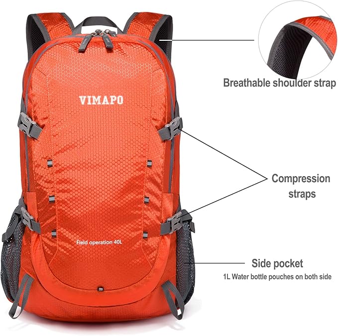 Mochila Plegable 40L Naranja impermeable Nylon para Senderismo Viaje Camping miniatura 3