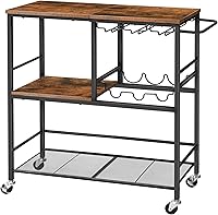HOOBRO 3-Tier Rolling Bar Cart with Wine Rack & Glass Holders, 29.5" Industrial Serving Trolley for Kitchen, Living Room, Parties - Rustic Brown/Black