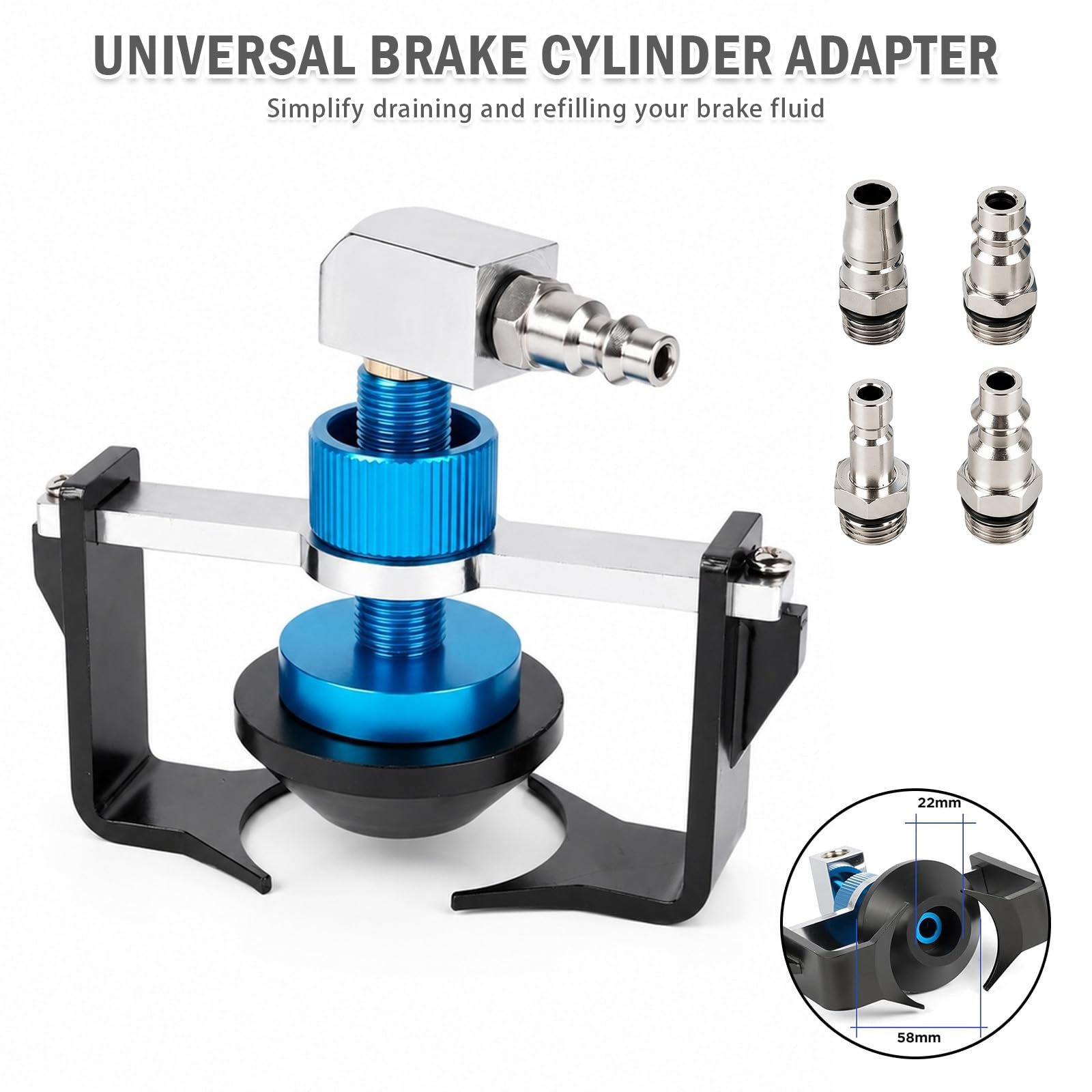 Uniwersalny pojemnik na płyn hamulcowy obracany o 360°, adapter 22-58 mm, 4 szybkozłączki EU/US/metryczne/japońskie do Buick, Cadillac, Chevrolet, Mazda, Honda, Toyota itp., pierścień uszczelniający