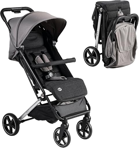 MS BabyWorld – Keo – Silla de paseo ligera hasta 22 kg | Capota extensible | Plegado tipo libro | Ultraligera y compacta | Ruedas grandes (Gris - Negro)