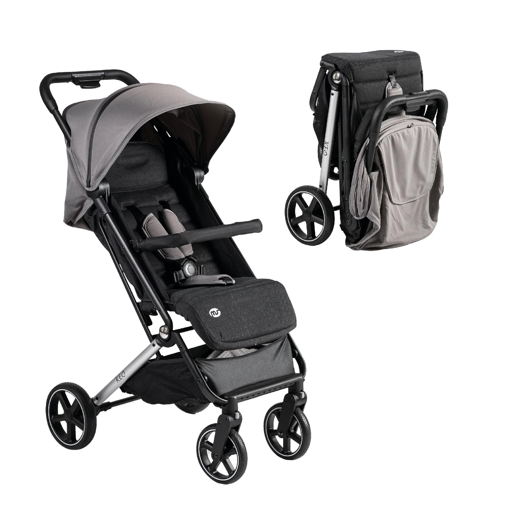 MS BabyWorld – Keo – Silla de paseo ligera hasta 22 kg | Capota extensible | Plegado tipo libro | Ultraligera y compacta | Ruedas grandes (Gris - Negro)