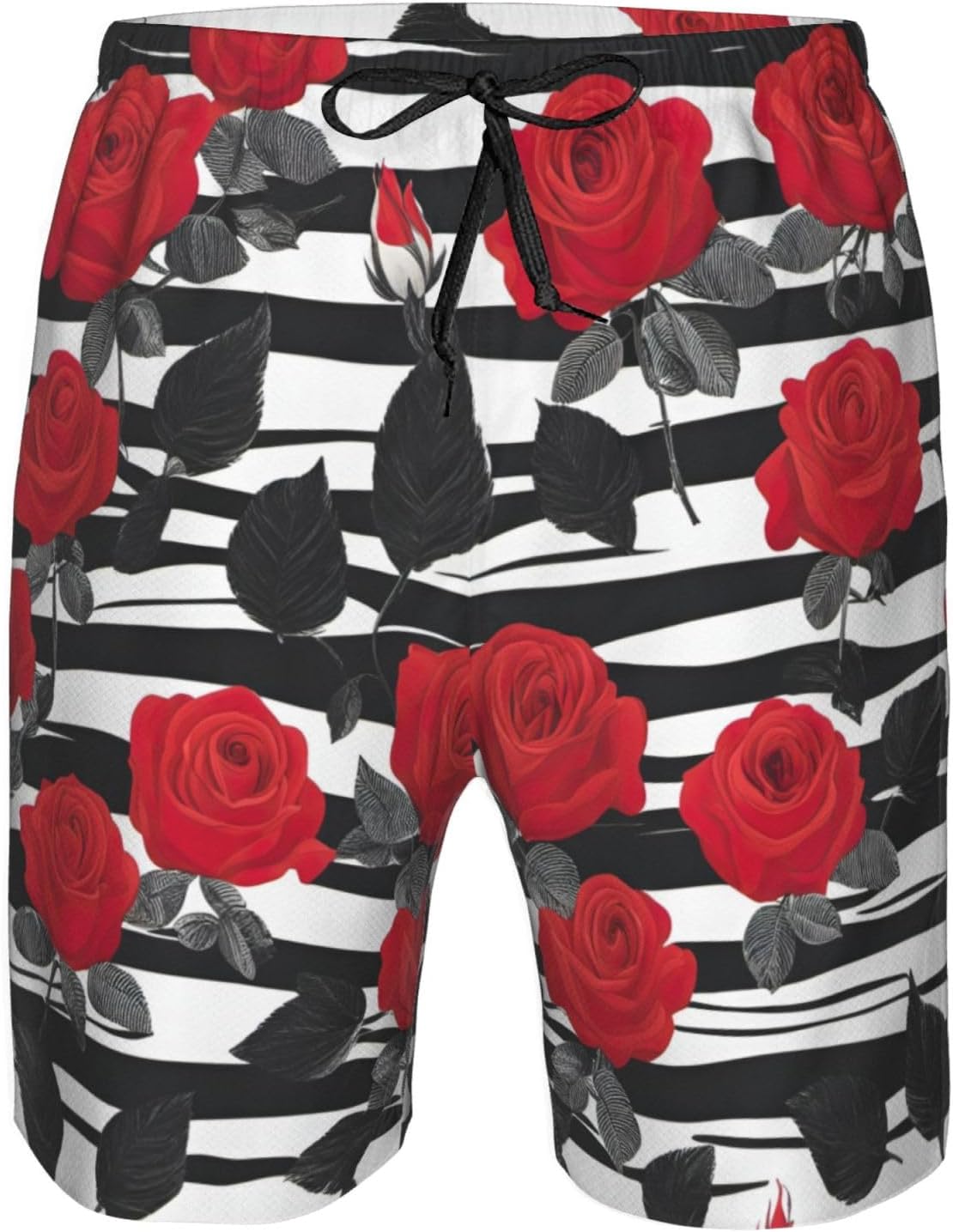 Mens Black White Stripes Red Rose Flowers Print Beach Shorts,Casual Summer Shorts for Men,Quick Dry Polyester