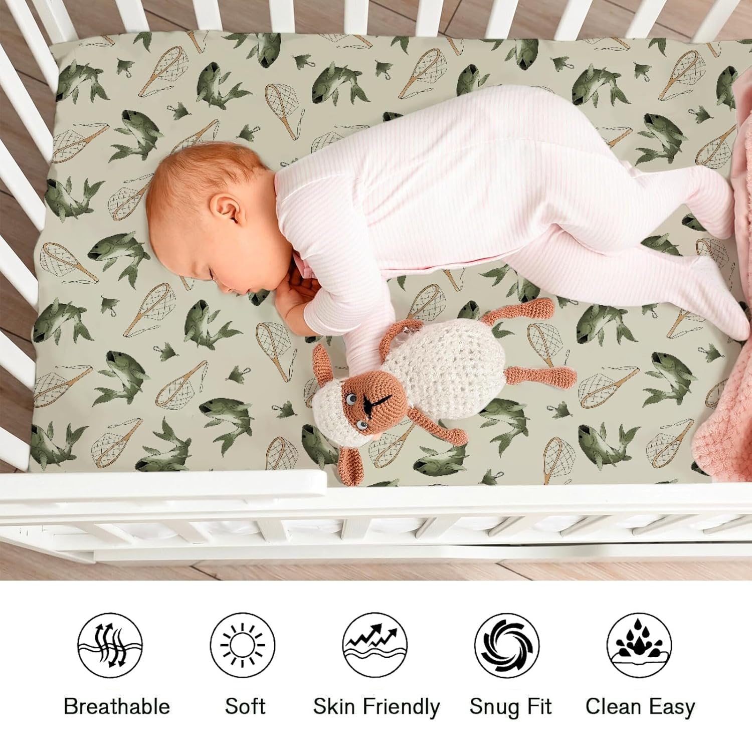 Vintage Bass Fishing Fitted Baby Crib Sheets Girl Boy 52"x28" Lake Fish Crib Mattress Covers Neutral Fishing Lovers Gift Nursery Soft Breathable Baby Sheet for Standard Crib and Toddler Bed Mattress