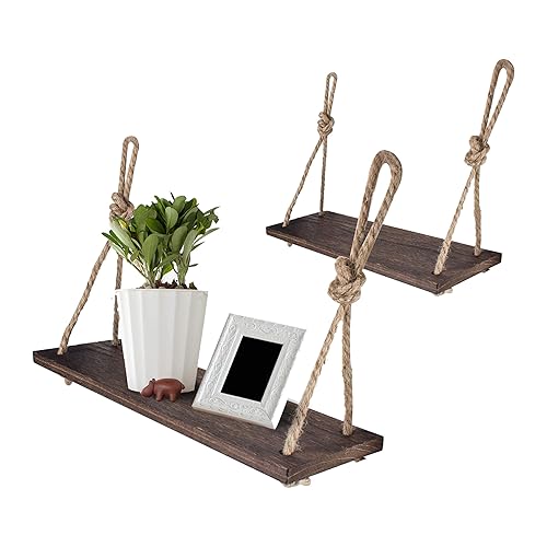 Rope Hanging Floating Shelves, Rustic Wood Wall Decor Swing Shelf