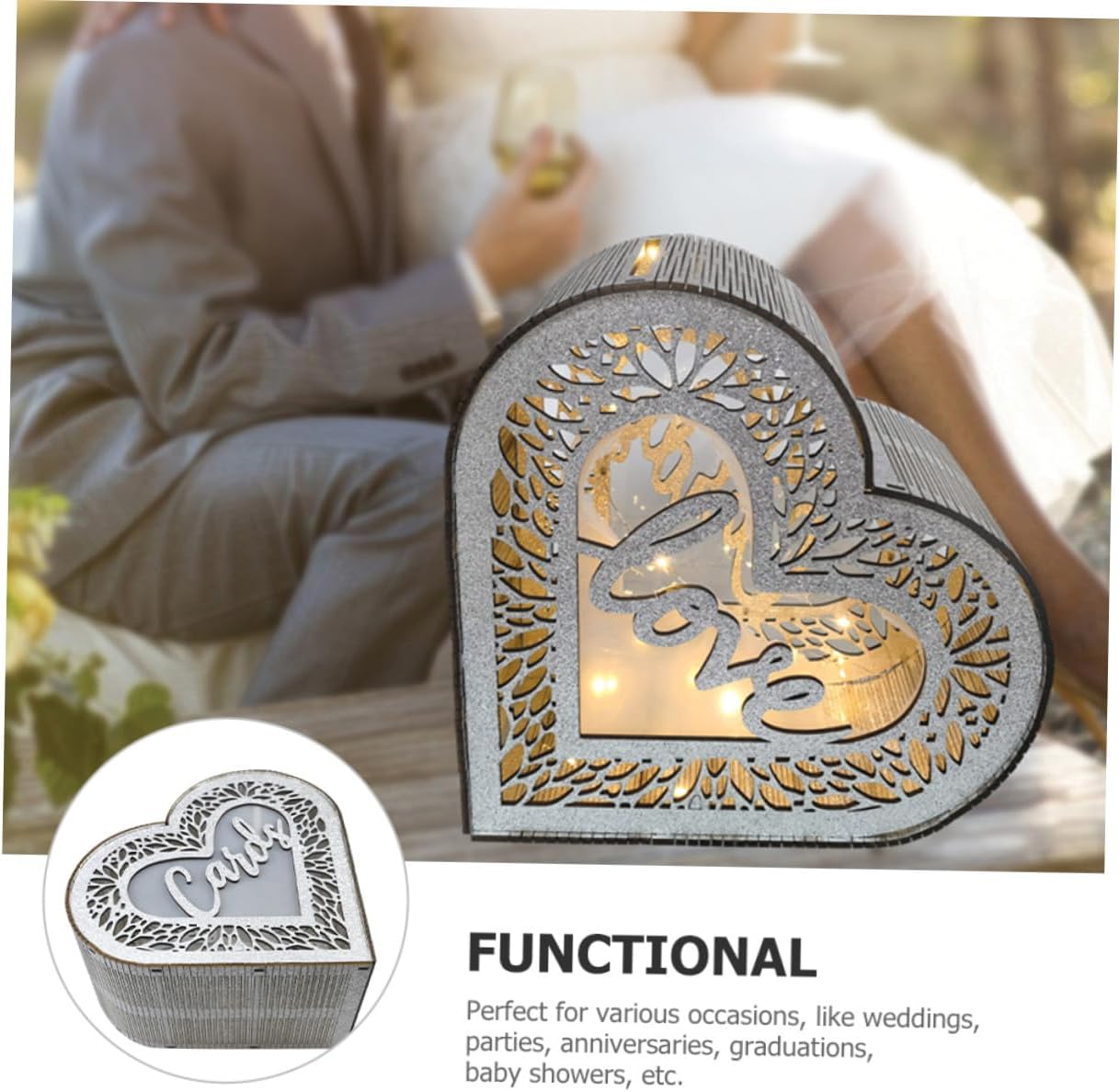 Wooden Heart-shaped Greeting Card Box Hollow Glitter Decor Portable Wood Storage Box for Wedding, Birthday, Valentine’s Day Reception and Card Holder Collection