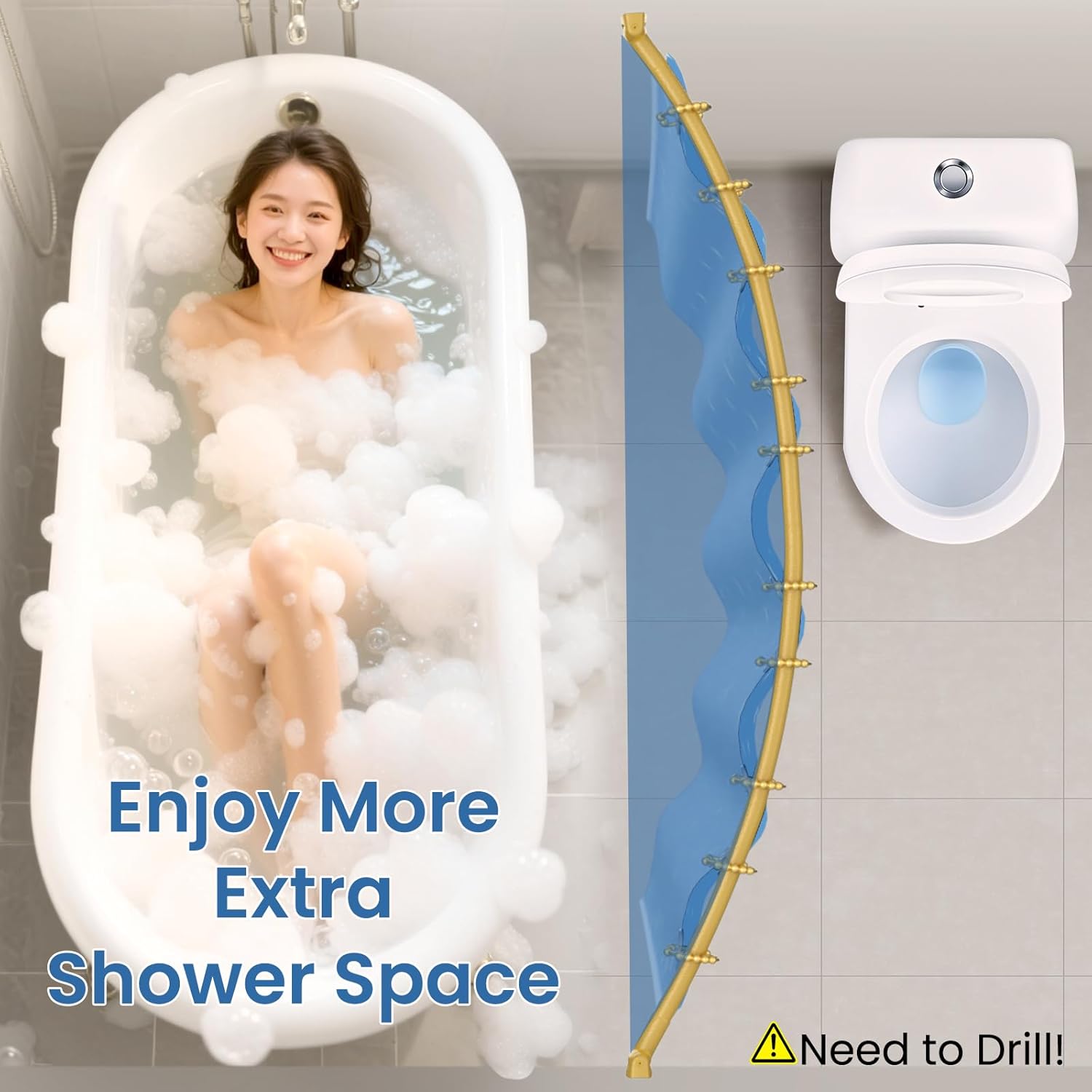 Curved Shower Curtain Rod 36.4-76In Adjustable, Gold Round Shower Curtain Rod, Shower Rods for Bathroom, Bathtub, Stall, Bathroom Rod No Rust, Extra Space, Need to Drill