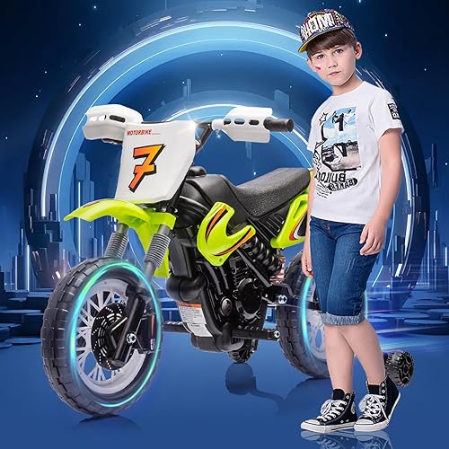 Kids Electric Motorcycle 12V, Ride On Motorcycle for Kids 5+ Ages Toys Battery Power Wheels Motorbike for Boys Childrens, with Training Wheels/Indie Music Box/Slow Start,Green