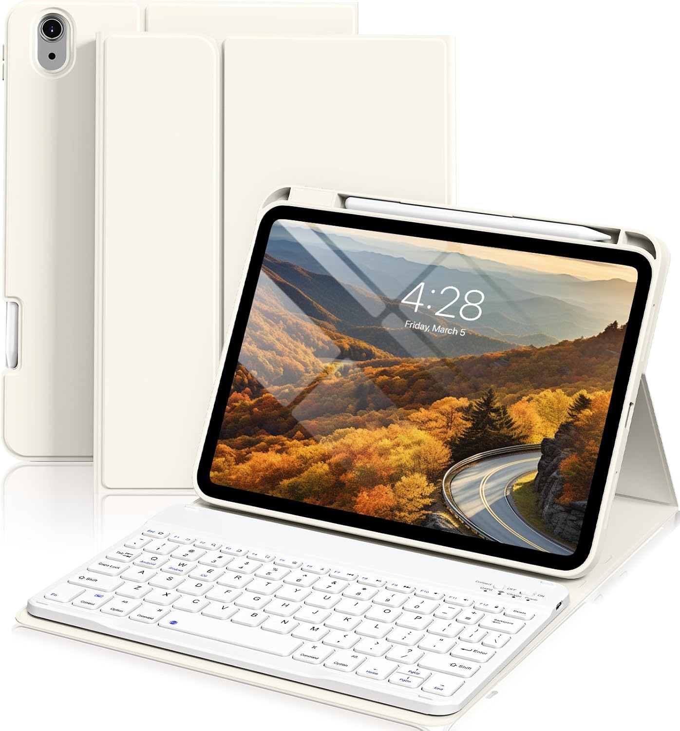for iPad A16 11th 10th Generation Case with Keyboard - Wireless Detachable Folio Keyboard Cover with Pencil Holder for iPad 11/10.9 inch 2025/2022 (Cream White)