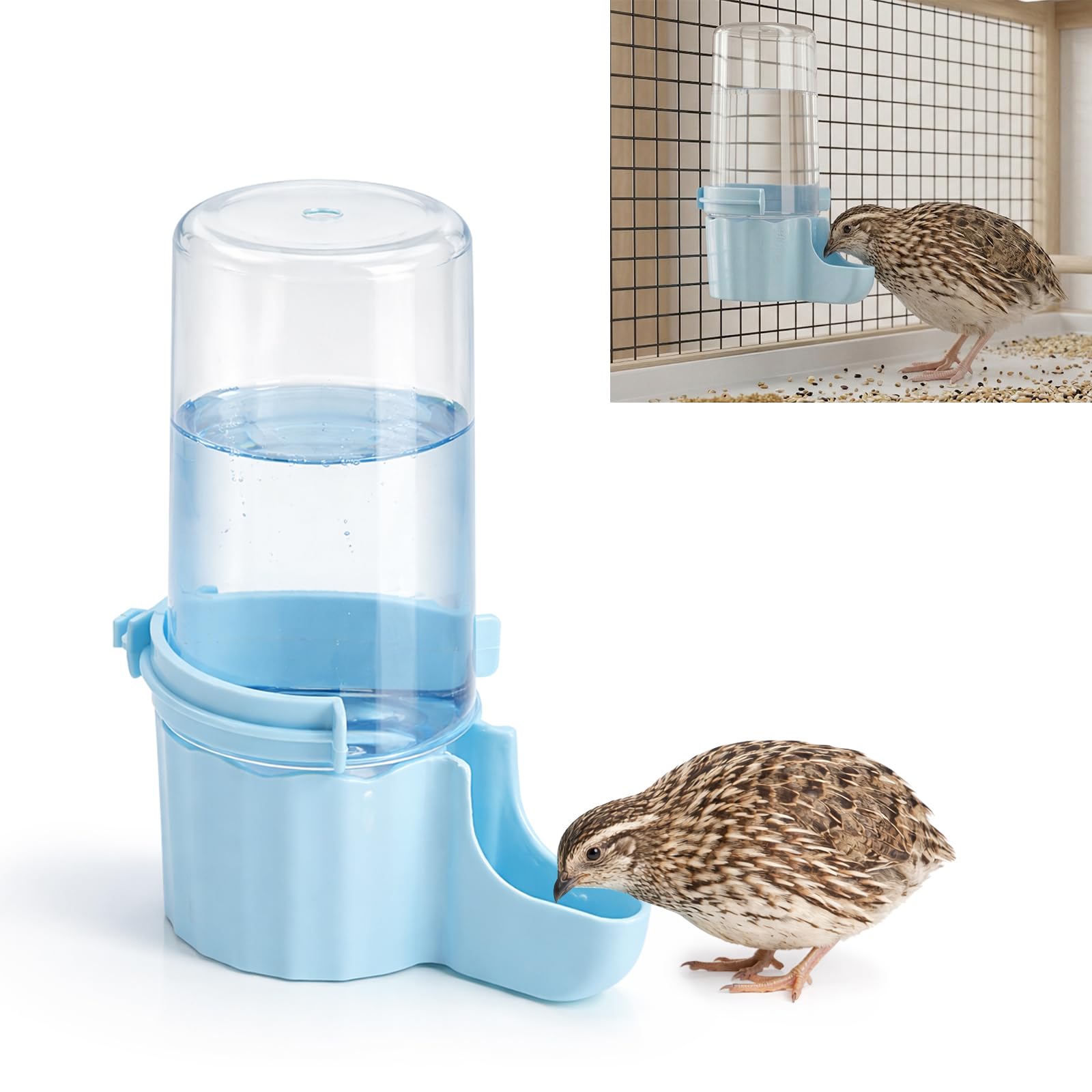 Photo 1 of Quail Chick Waterer with Anti-Drowning Shallow Tray, 16.6 fl oz Automatic Gravity Button Quail Waterer, Hanging or Free-Standing Bird Water Dispenser for Wire Mesh Cages and Brooders (Blue)