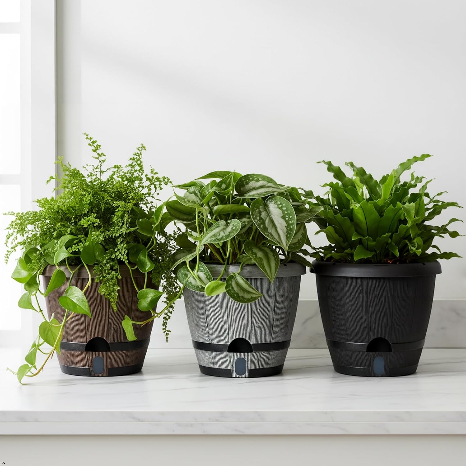 Sun-E 10 inch Plant Pots Self Watering Whiskey Barrel Planters with Drainage Hole&Saucer, Garden Home Indoor Outdoor Plants Pots, Planters for Indoor Plants, Gift Idea for Plant Lovers,Mixed Colors