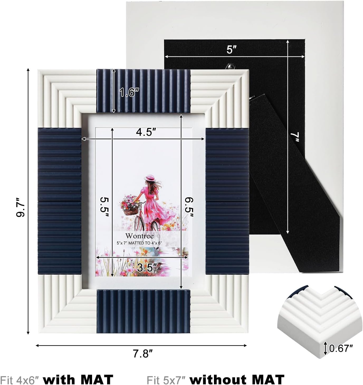 5x7 White Picture Frame, Modern Blue Inlay, Solid Wood with Real Glass, Display 5x7 Photos Matted to 4x6, Vertical and Horizontal Desk Tabletop or Wall Hanging
