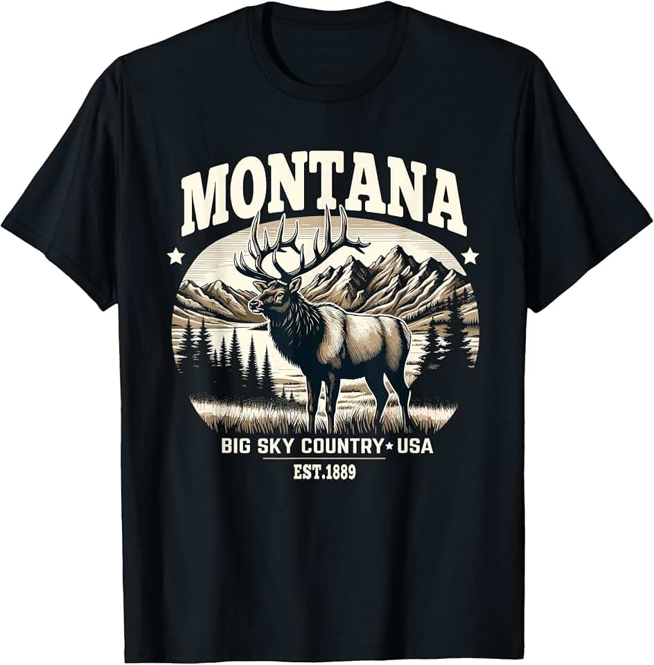 Big Sky Shirts Montana Rocky Mountain Elk, Big Sky Country Design T-Shirt OEKO-TEX STANDARD 100
