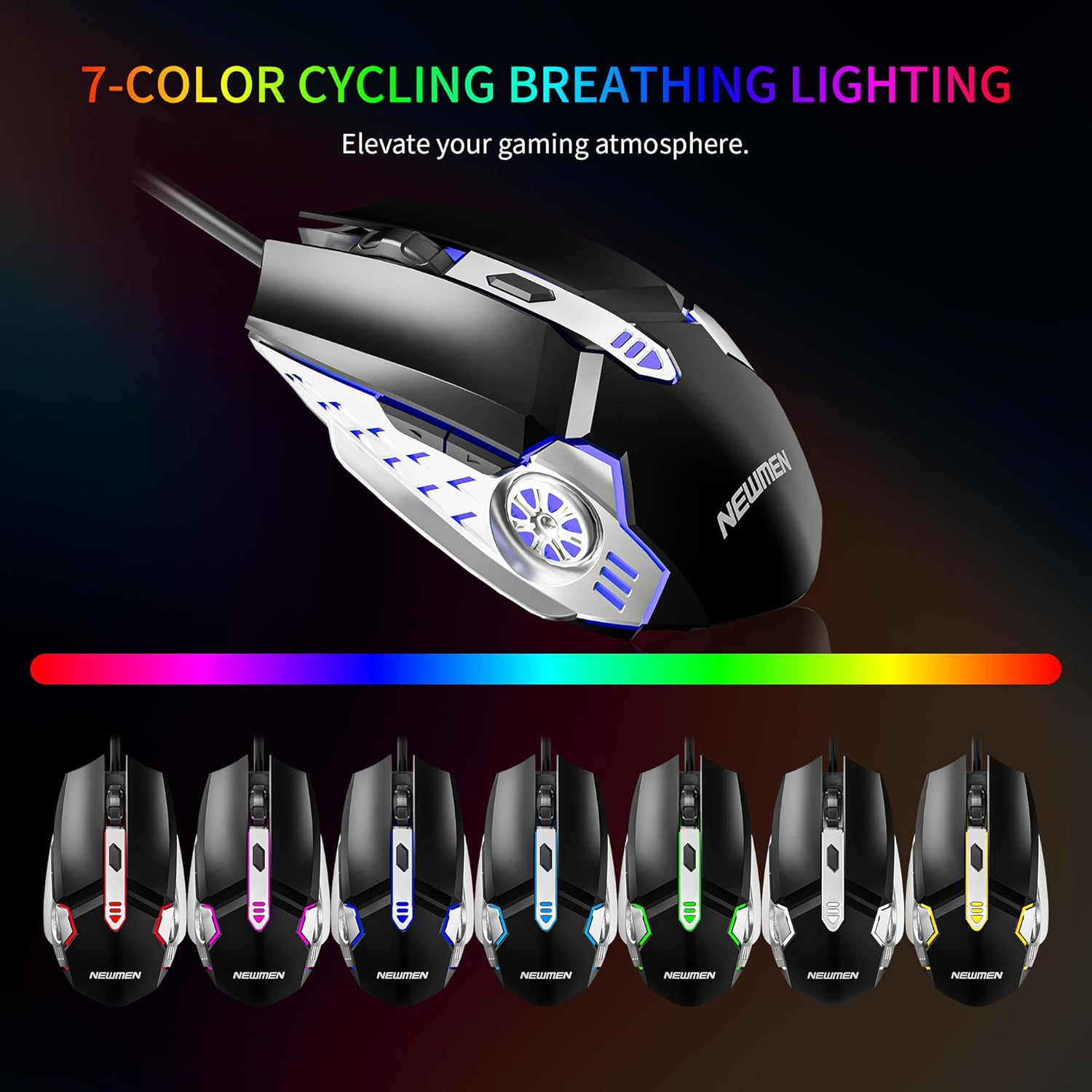 Newmen Gaming Mouse displaying 7-color cyclical breathing lighting