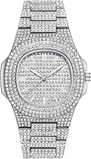 ساعة يد للرجال مزينة بفصوص الماظ صناعي من في ايه في سي، ساعة كوارتز فاخرة, فضي, سوار