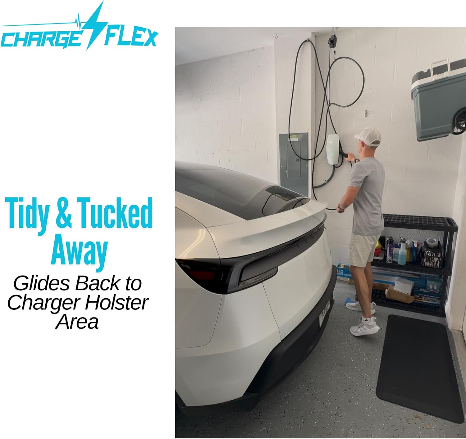 ChargeFlex with GlideTrack USA Made Original - Universal EV Overhead Retractable Sliding Charger Cable Organizer Management System for Tesla and Other EVs - NACS, J1772 (Level 2 Chargers 9mm-20mm)