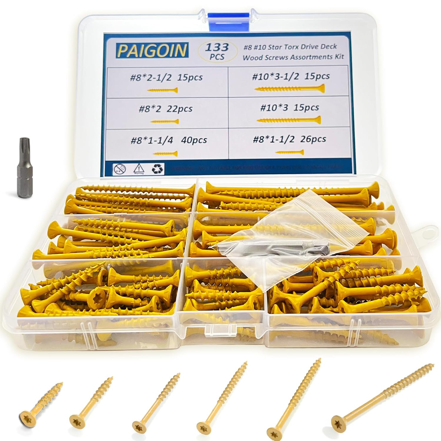 133 PCS Wood Screws Assortment Kit, Flat Head Exterior Deck Screws #8 x 1-1/4″ to #10*3-1/2 Inch Set, Heavy Duty Outdoor Decking Screws, 6 Commonly Sizes, Epoxy Coated, T25 Star Bit Included