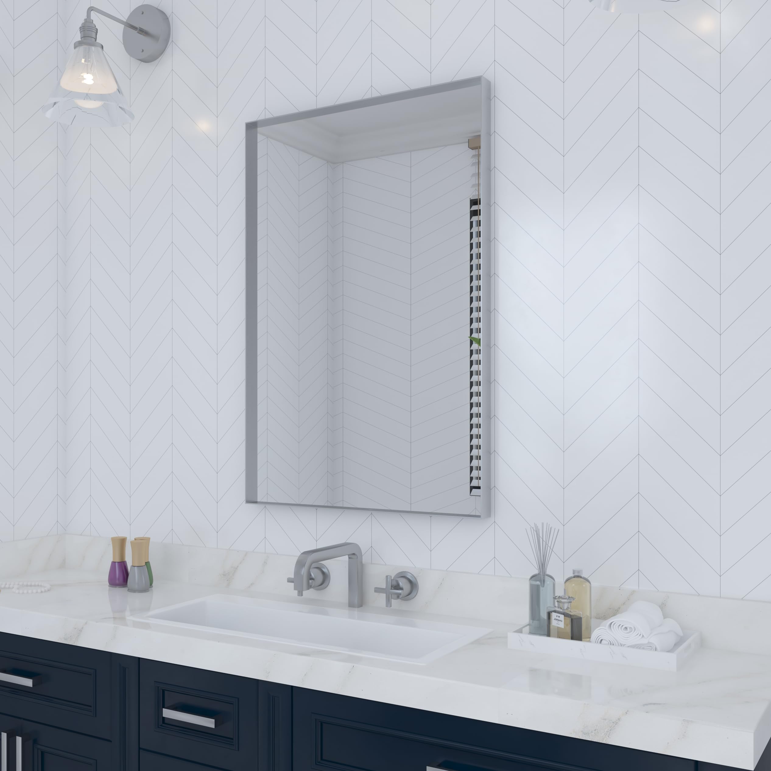 VocalStar 22 x 30 Inch Silver Bathroom Mirror for Wall, Square Corner Rectangle Nickel Metal Framed Bathroom Vanity Mirrors, 1/4-inch Shatterproof Glass | Ultra-Flush Hanging