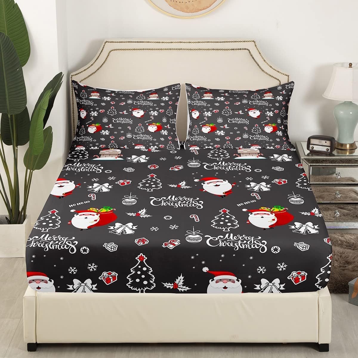Christmas Bed Sheets Santa Claus Comforter Set White Snowflake Christmas Printed Xmas Festival Bedding Sheet Set, 1 Flat Sheet+1 Fitted Sheet + 2 Pillow Cases(Queen, Grey Black)