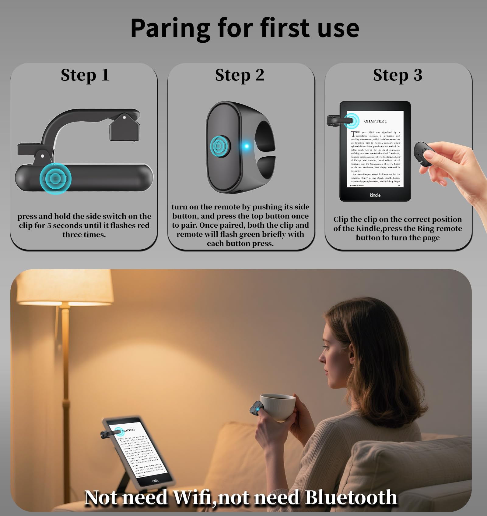 MAIRAN Seitenumkehrer mit Fernbedienung für Kindle Paperwhite Oasis Kobo eReader, Kameraauslöser Selfie und Videoaufzeichnung für iPhone und iPad, 2-in-1-Seitenwender, Ringklicker für iPad, Tablets