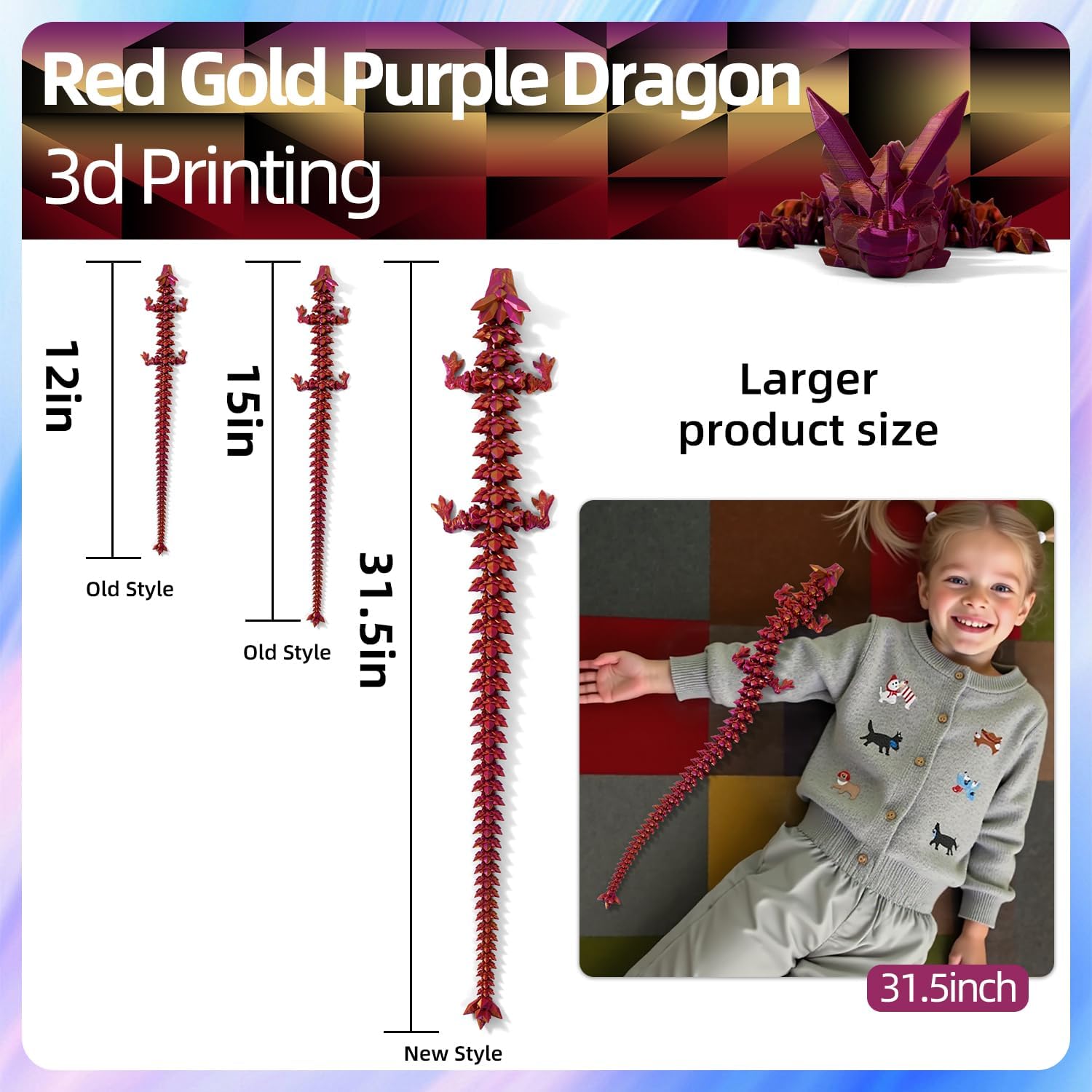 31.5" Giant 3D Printed Dragon Large 3D Dragon Model, Big 3D Printed Figure, Oversized Poseable Articulated Toy, Fantasy Collectible Gift for Desk and Home Décor (Purple Gold, 31.5 inch)