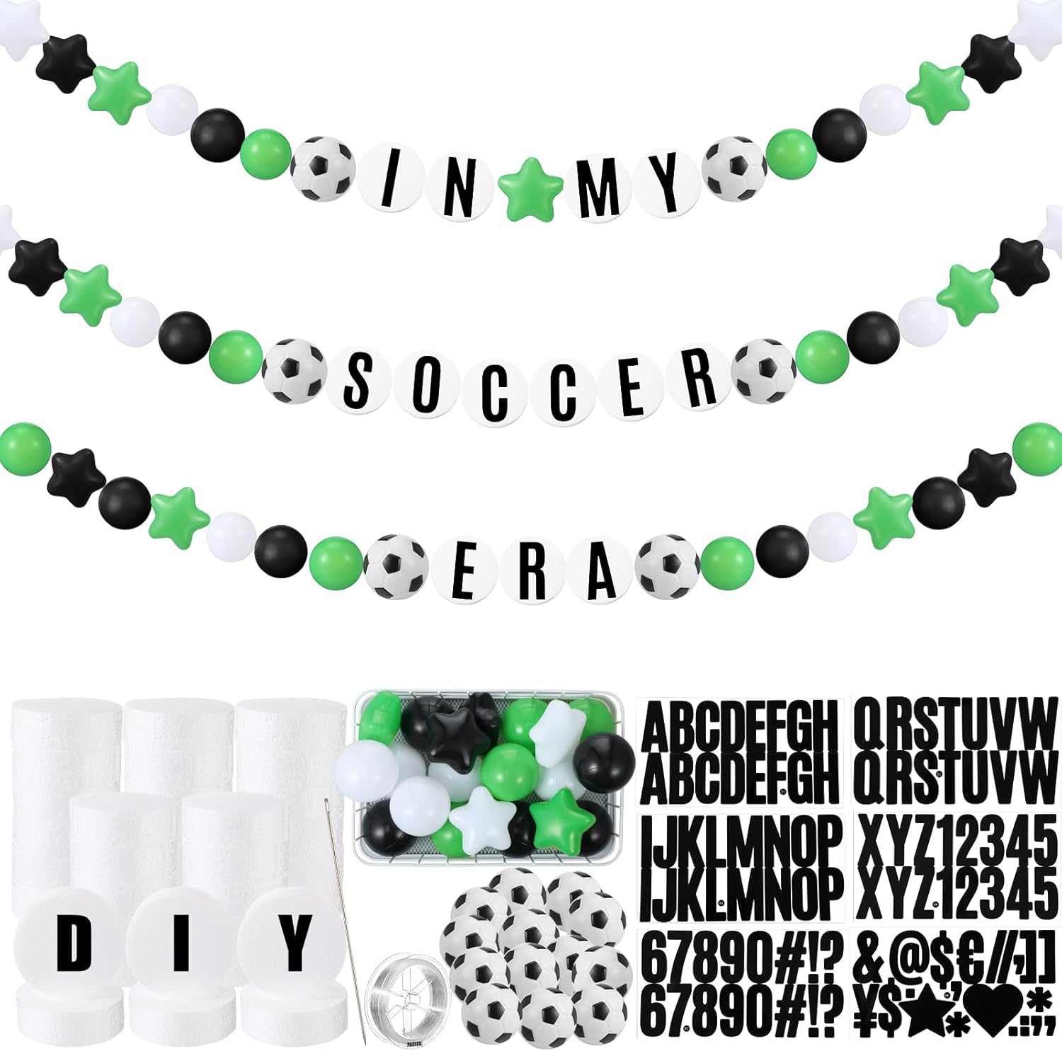 Simgoing 98 Pcs Soccer Birthday Banner Decor Jumbo DIY Friendship Bracelet Birthday Banner Kit Customizable Party Giant Garland Decoration for Soccer Sports Theme Party Decorations