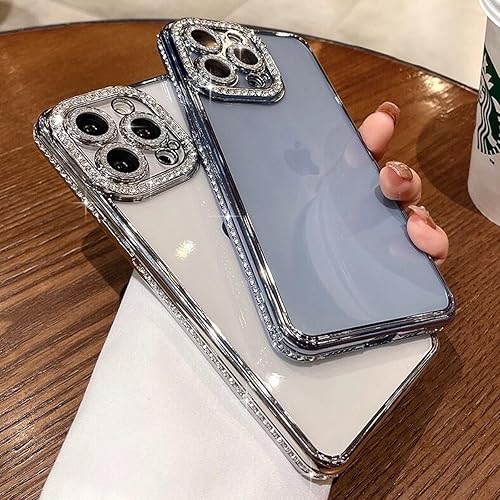 Miniatura 8 de Funda transparente con purpurina para iPhone 15 Pro Max, con diamantes de imitación brillantes de lujo con protector de cámara, chapado de