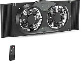 Comfort Zone Ventilador de janela para quarto, ventiladores duplos de 23 velocidades com expansores de travamento automático, 3 modos (fresco, circular, exaustão), controle remoto, capa de tecido e