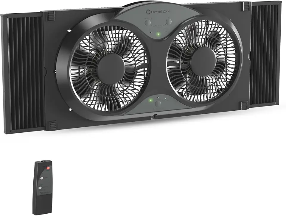 Comfort Zone Ventilador de janela para quarto, ventiladores duplos de 23 velocidades com expansores de travamento automático, 3 modos (fresco, circular, exaustão), controle remoto, capa de tecido e
