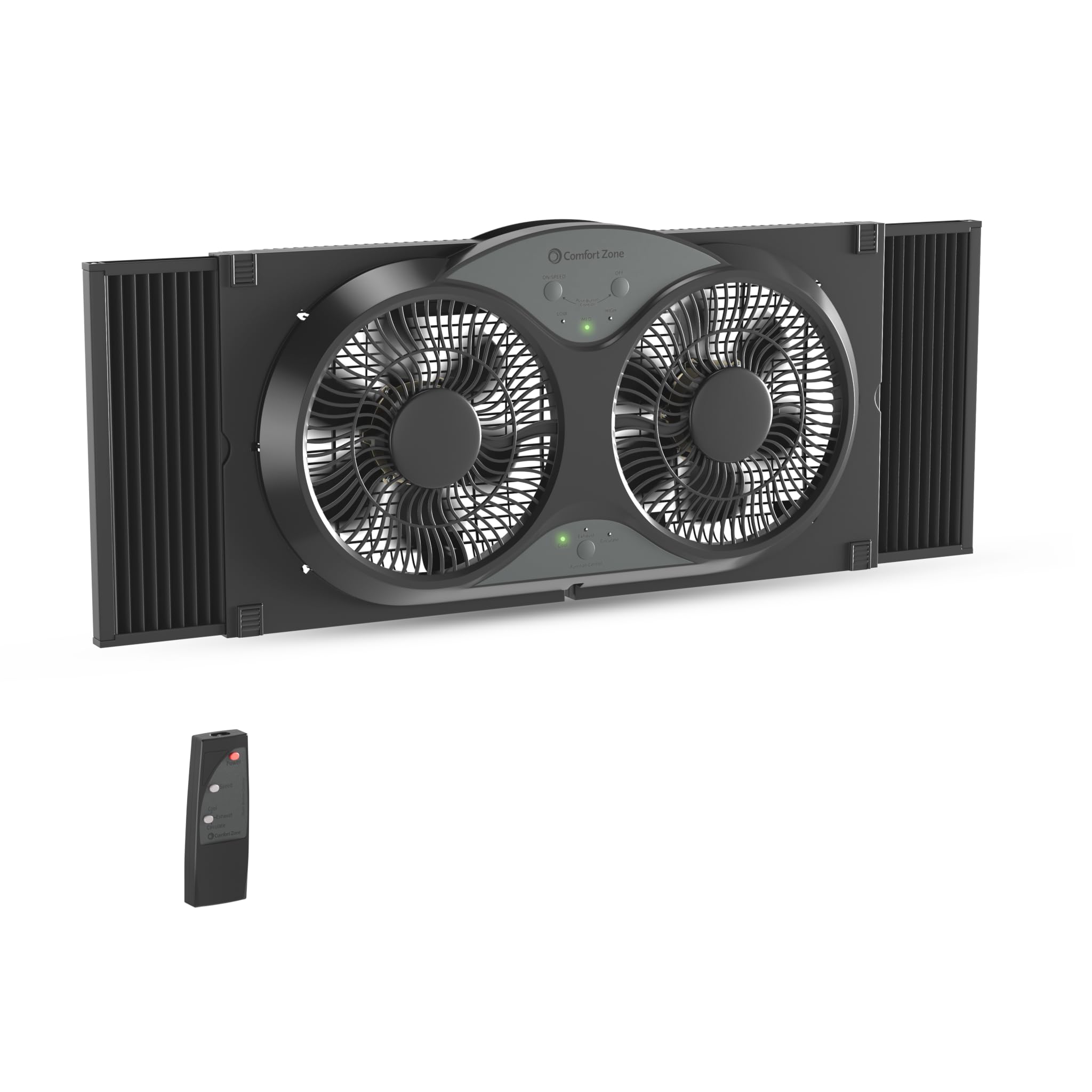comfort zone 9-inch reversible twin window fan with remote control – 3-speed dual blade fan with exhaust, cooling & circulate modes, expandable width 23.5" to 37", removable bug screen & tabletop feet
