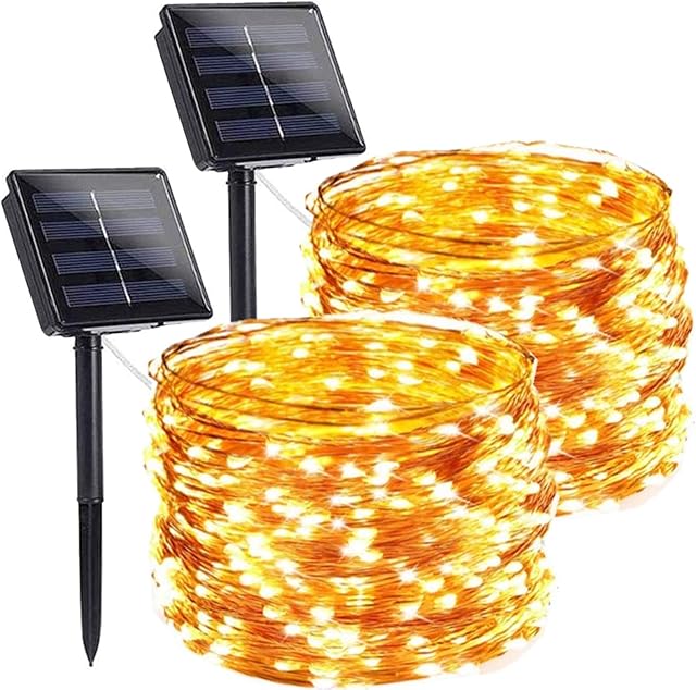 Chipark Solar String Lights, 2 Pack Solar Powered Fairy String Lights 100 LED 33ft 8 Modes Waterproof Outdoor Solar Garden Lights Silver Wire Lights for Party Wedding Patio Yard Bedroom (Warm White)